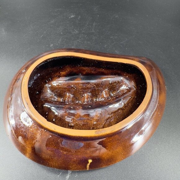 Vintage Mid Century Ceramic RedWare Pottery Ashtray Dish Brown Yellow Drip Glaze - Picture 6 of 13